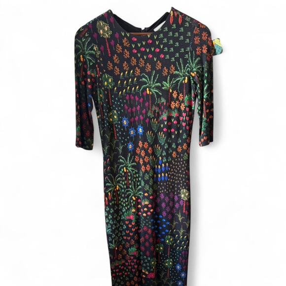 Farm Rio Fruit Garden Jersey Bodycon Midi Dress Black Multicolor Size Small - Picture 1 of 7